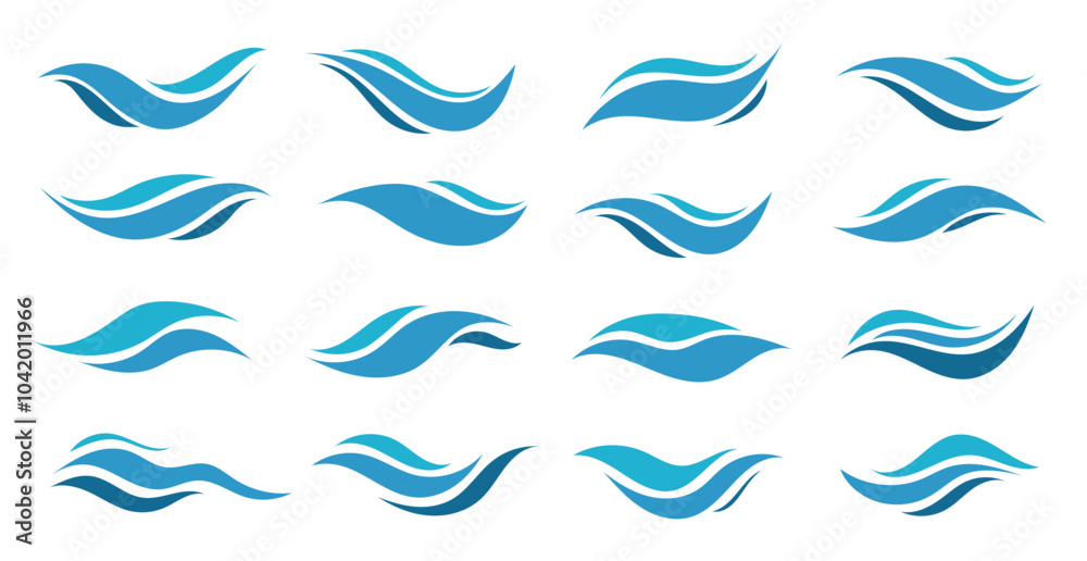 Set blue illustration on white background. Vector pattern. Art line ornament. Water Wave Logo abstract design Set blue illustration on white background. Vector pattern. Art line ornament. Water Wave Logo abstract design