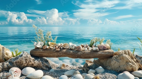 A pebble altar adorned with shells and herbs facing the sea under a bright blue sky