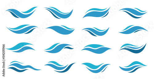 Set blue illustration on white background. Vector pattern. Art line ornament. Water Wave Logo abstract design