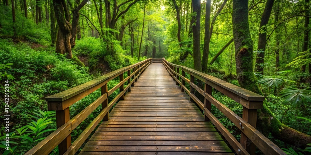 wooden bridge walkway through lush green forest wooden bridge walkway through lush green forest
