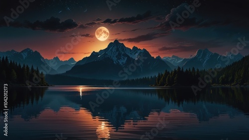 A calm lake reflects an amazing mountain view bathed in soft moonlight. The water is still, creating  a mirror from snow-covered peaks, dense pine forests, and the sky filled with fine clouds.