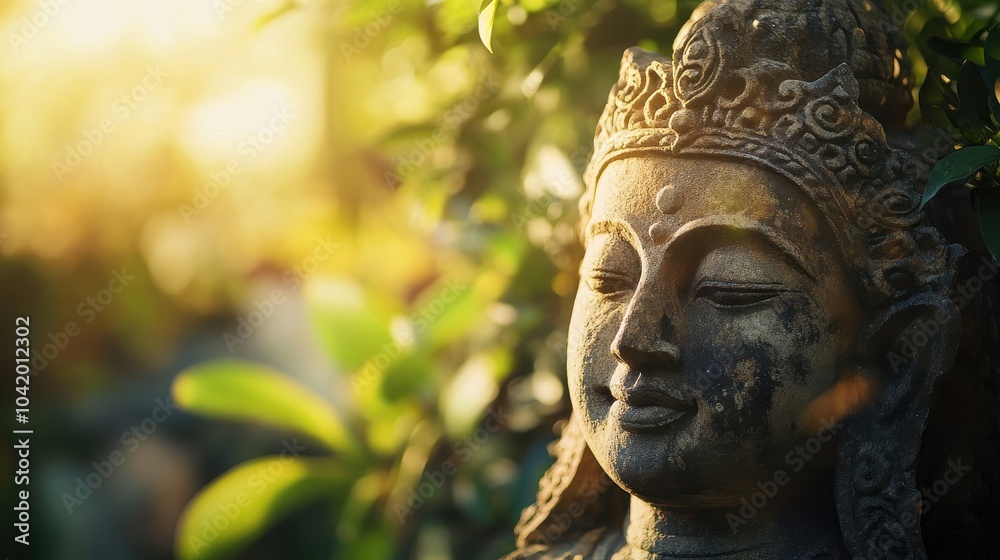 Obraz premium Close-up of a carved stone idol featuring detailed engravings set against soft greenery