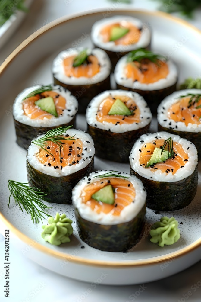 An elegant arrangement of sushi rolls featuring salmon and cucumber, garnished with dill and wasabi, presented on a stylish plate, showcasing freshness and flavor. An elegant arrangement of sushi rolls featuring salmon and cucumber, garnished with dill and wasabi, presented on a stylish plate, showcasing freshness and flavor.