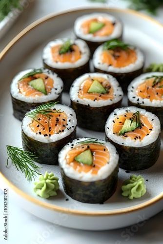 An elegant arrangement of sushi rolls featuring salmon and cucumber, garnished with dill and wasabi, presented on a stylish plate, showcasing freshness and flavor.
