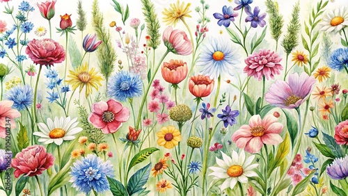 Watercolor floral seamless pattern in meadow