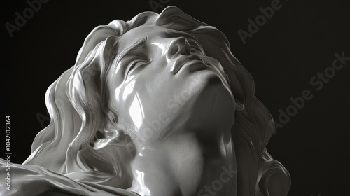 A Greek deity statue from a dramatic angle showing flowing hair and light reflecting details