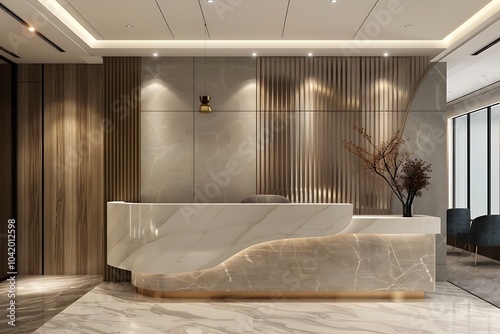 Interior of luxury hotel reception hall with front desk and concrete walls photo