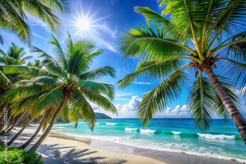 Serene Blue Beach with Lush Palm Trees - Tropical Paradise Landscape Photography