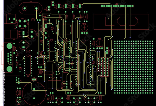 Vector printed circuit board of electronic 
device with components of radio elements, 
conductors and contact pads placed on pcb. 
Engineering computer cad technical drawing.
