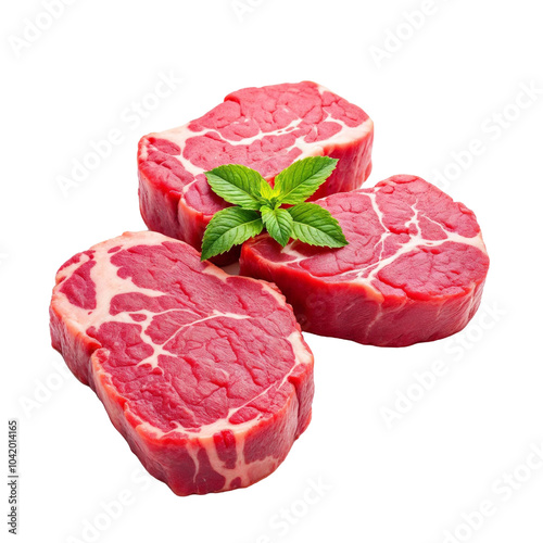 three pieces of raw beef steaks, ai generated png transparent background