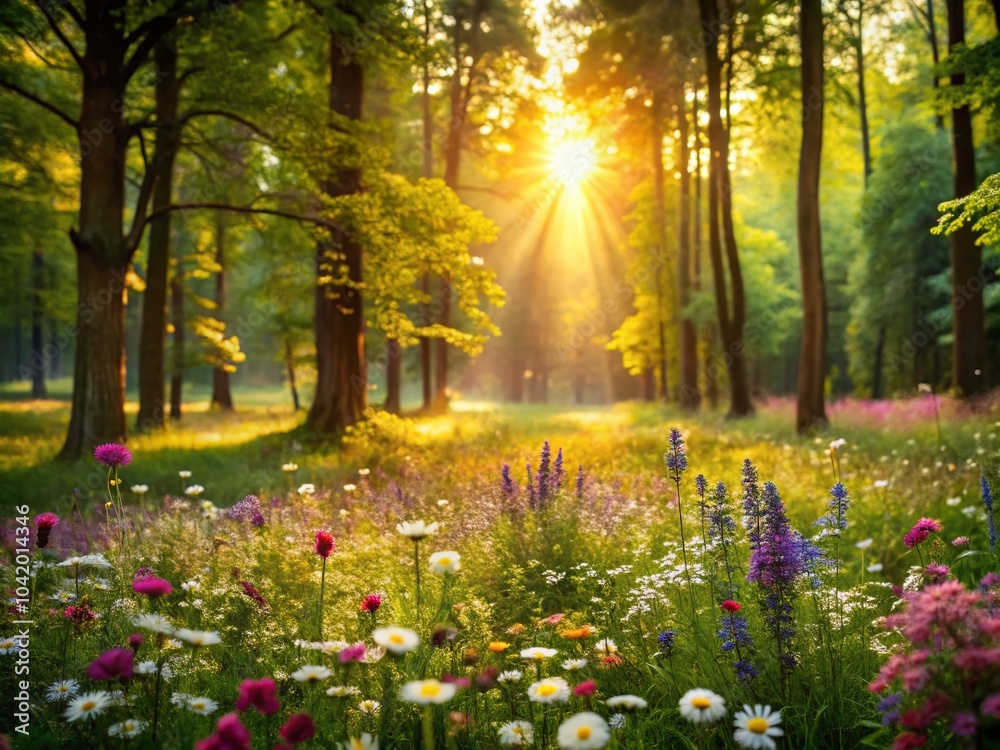 Obraz premium Serene Forest Clearing with Sunlight and Wildflowers - Tranquil Nature Scene for Relaxation and Inspiration