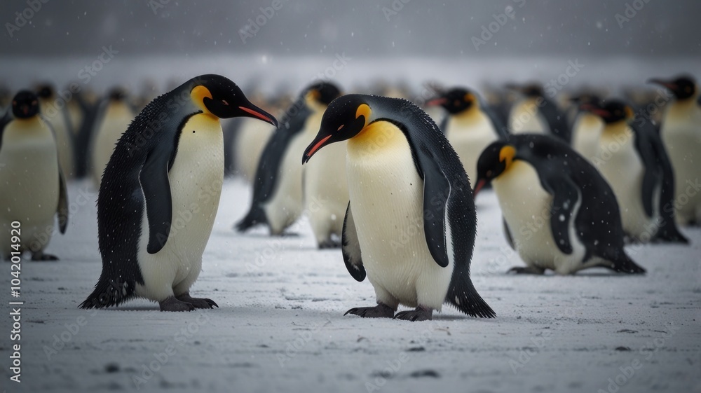 Obraz premium A lone emperor penguin stands on a snowy landscape, facing a large group of penguins in the distance. Snowflakes gently fall around the penguin, creating a soft, wintery atmosphere.