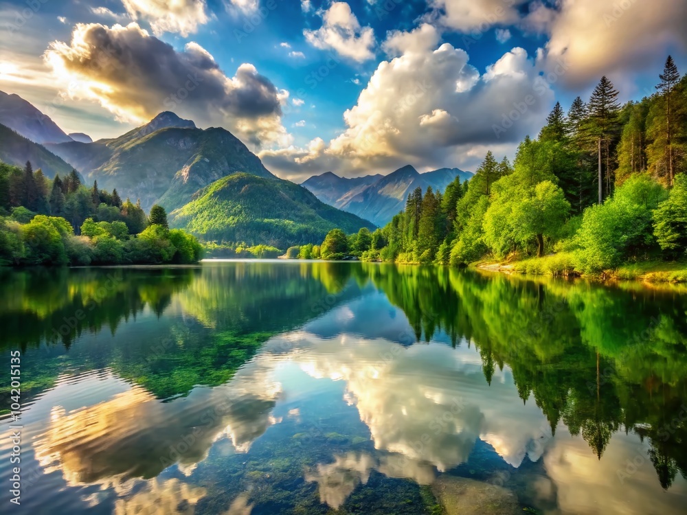 Fototapeta premium Serene Landscape Nature with Calm Lake Reflections for Tranquil Portrait Photography