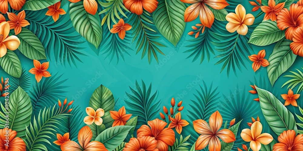 Wide-angle decorative pattern of tropical orange and green flower on a teal background Wide-angle decorative pattern of tropical orange and green flower on a teal background