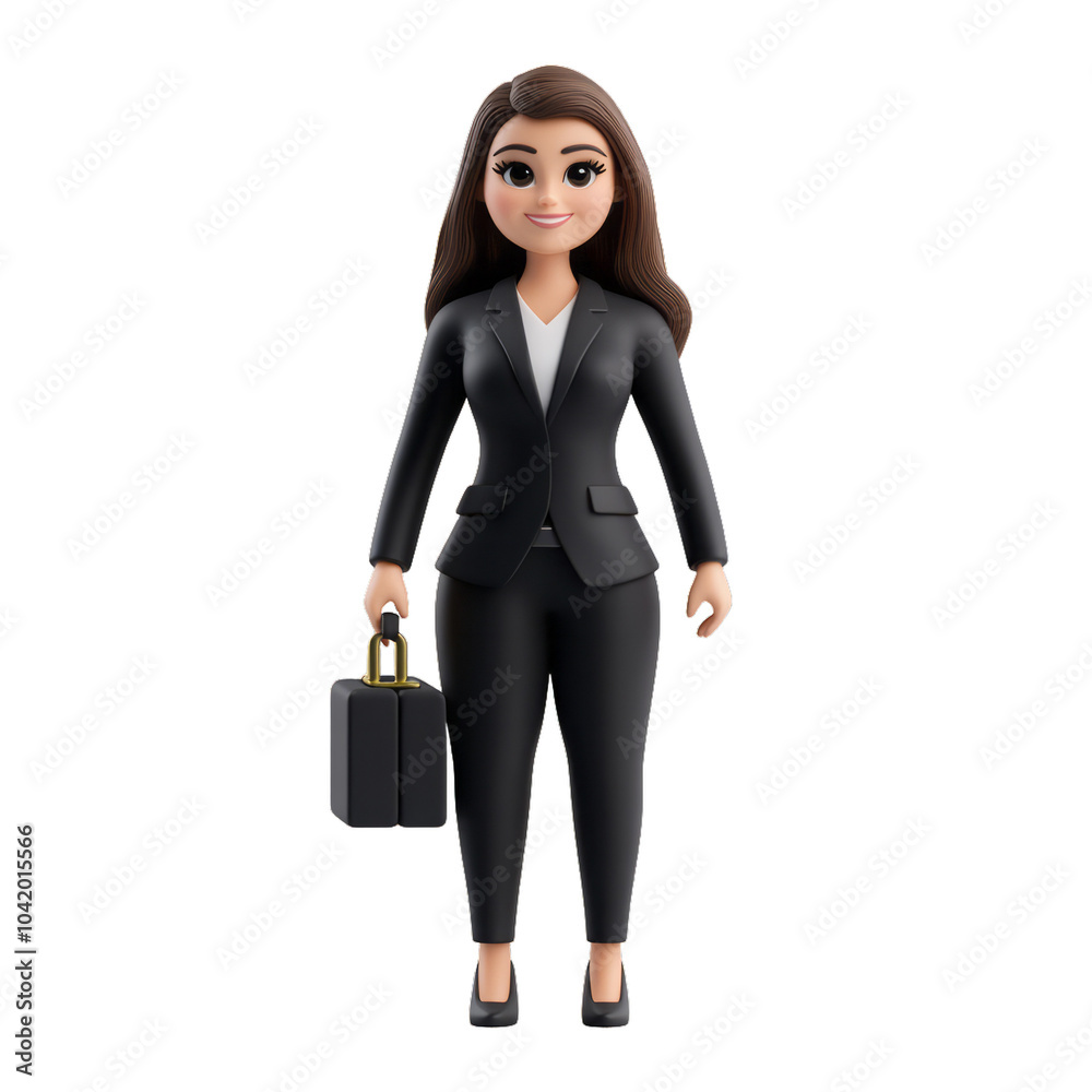 3D cartoon render of a businesswoman in a sleek suit holding a briefcase and smiling confidently isolated on a transparent background 3D cartoon render of a businesswoman in a sleek suit holding a briefcase and smiling confidently isolated on a transparent background