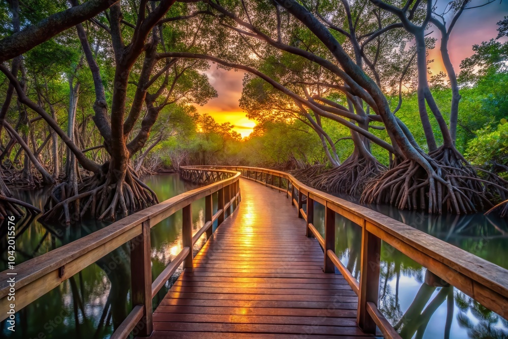 Fototapeta premium Serene Mangrove Wood Bridge at Dusk - Low Light Photography for Nature Lovers
