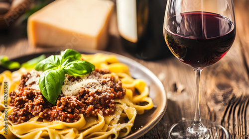 An Exquisite Display of a Traditional Tagliatelle Bolognese Dish with Rustic Table Settings and Accompaniments photo