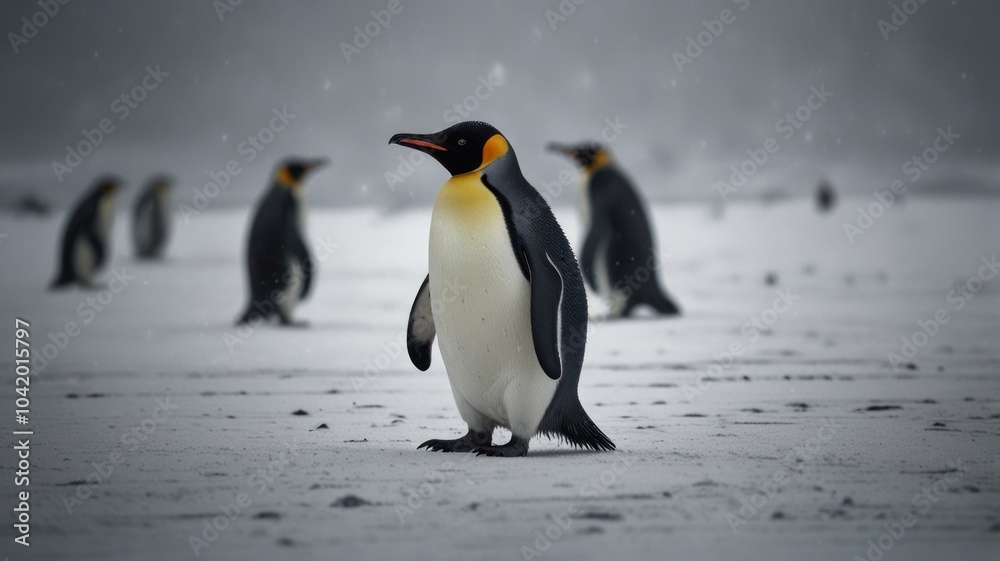 Obraz premium A lone emperor penguin stands on a snowy landscape, facing a large group of penguins in the distance. Snowflakes gently fall around the penguin, creating a soft, wintery atmosphere.