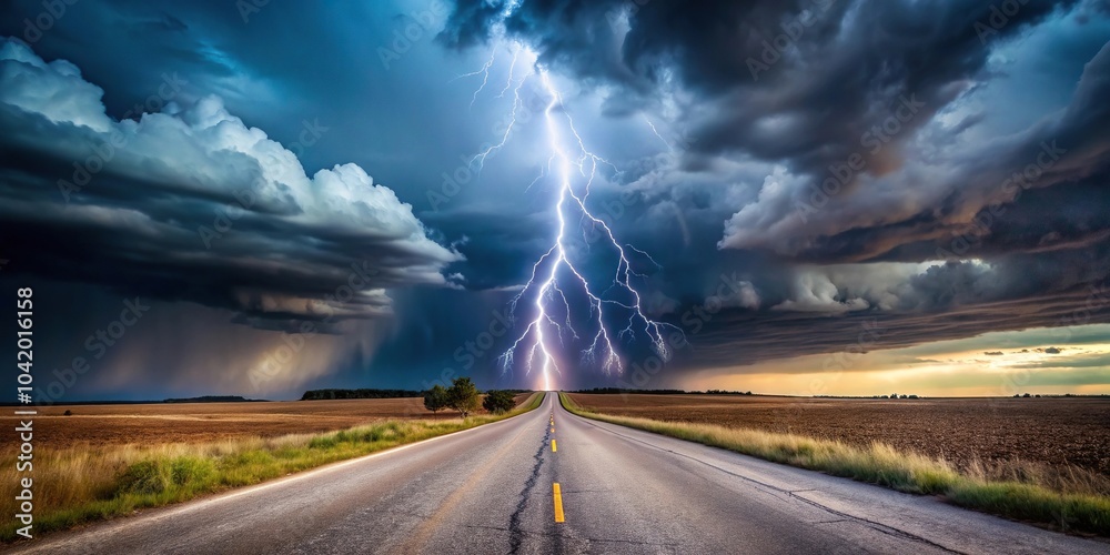 Wide-angle shot of a thunderstruck desert road at night with lightning in the sky Wide-angle shot of a thunderstruck desert road at night with lightning in the sky