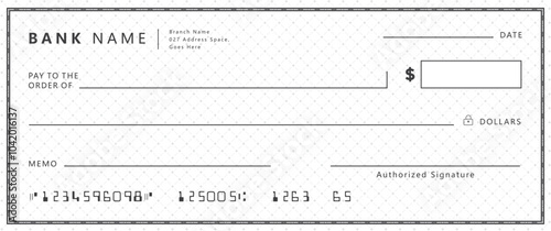 Bank check, vector blank money cheque, checkbook template with guilloche pattern and fields. Currency payment coupon, money check background	