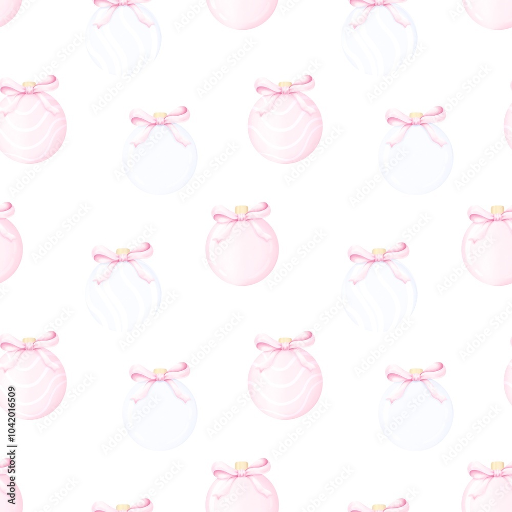 Festive pattern New Year’s balls and pastel ribbon bow.Cute aesthetic watercolor pattern for Christmas and New Year. Festive pattern New Year’s balls and pastel ribbon bow.Cute aesthetic watercolor pattern for Christmas and New Year.