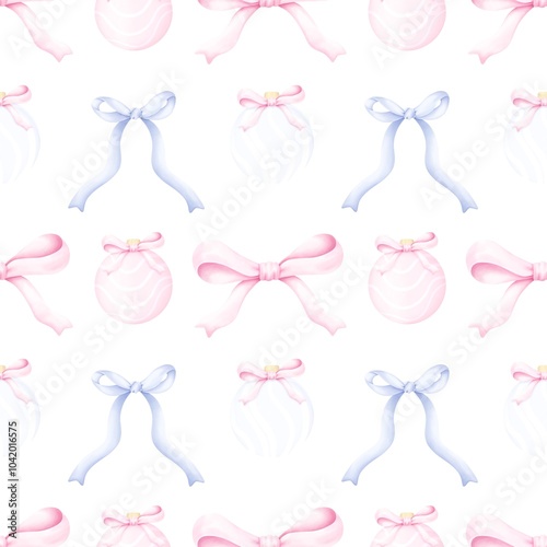 Festive pattern New Year’s balls and pastel ribbon bow.Cute aesthetic watercolor pattern for Christmas and New Year.