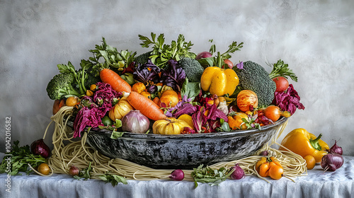 An Eyecatching Artistic Bowl of Pasta Primavera with an Array of Rainbow Vegetables Twirled in Spaghetti photo