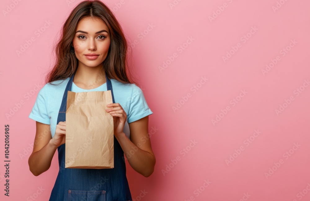 Attractive woman in blue apron holding empty paper bag Attractive woman in blue apron holding empty paper bag