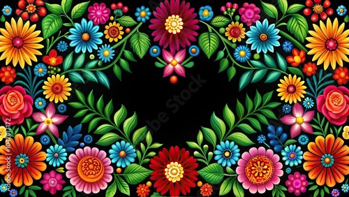 Colorful bright flowers and leaves in the pattern of Mexican art on a black background