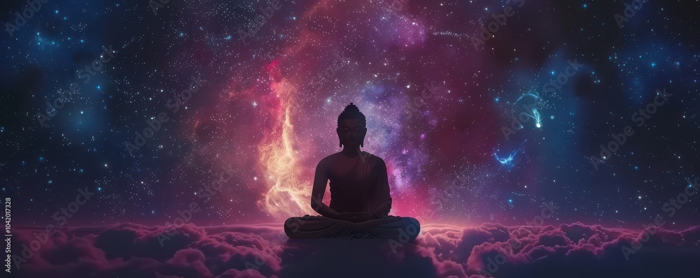 Buddha meditating on clouds under a cosmic sky, spiritual and surreal celestial scenery. Free copy space for text.