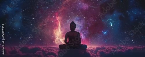 Obraz na płótnie Buddha meditating on clouds under a cosmic sky, spiritual and surreal celestial scenery. Free copy space for text. w salonie