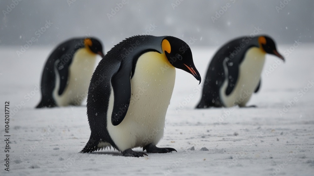 Obraz premium A lone emperor penguin stands on a snowy landscape, facing a large group of penguins in the distance. Snowflakes gently fall around the penguin, creating a soft, wintery atmosphere.