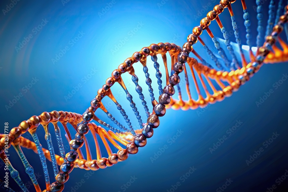 Reflected DNA double helix structure in blue and orange colors on blue background Reflected DNA double helix structure in blue and orange colors on blue background