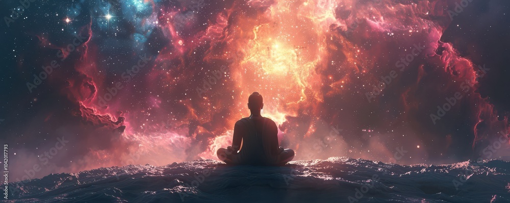 Buddha meditating on clouds under a cosmic sky, spiritual and surreal celestial scenery. Free copy space for text.