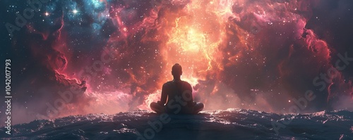 Obraz na płótnie Buddha meditating on clouds under a cosmic sky, spiritual and surreal celestial scenery. Free copy space for text. w salonie