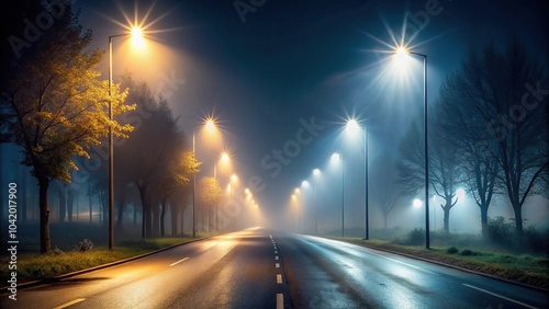 description: A foggy night with a deserted road and street lights