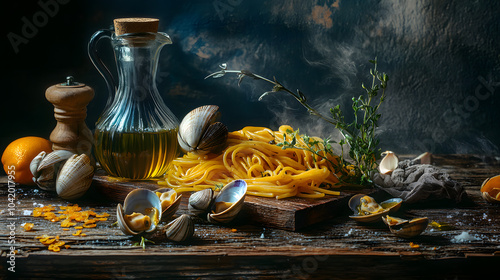 An Artistic Visual of Linguine alle Vongole with Vibrant Italian Ingredients on a Rustic Table photo