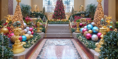 A beautifully decorated and festive indoor scene showcasing an extravagant Christmas display with colorful ornaments and twinkling lights