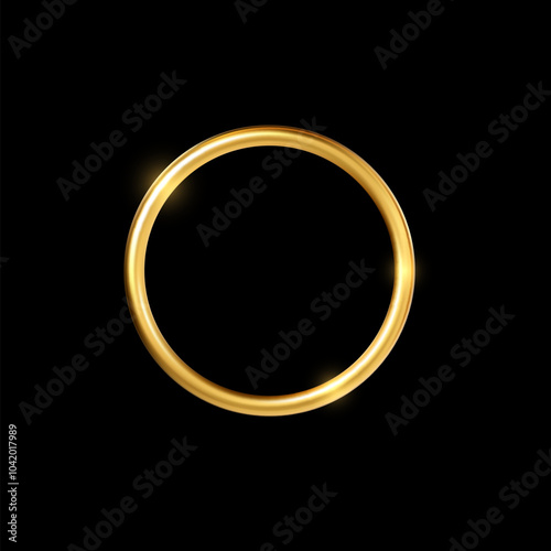 Gold ring frame vector 3d illustration, round golden sparkling thin border isolated on black, golden circle blank space