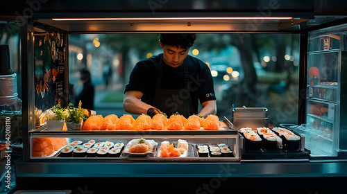 A sleek food truck serving sushi, with minimalist branding and high-end presentation, shot with a telephoto lens