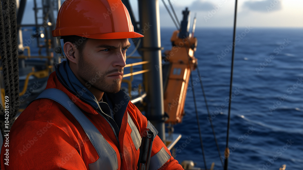 A photorealistic image of a worker on an offshore drilling platform, fully dressed in protective gear and a hard hat, operating heavy machinery in the middle of the ocean. The vast A photorealistic image of a worker on an offshore drilling platform, fully dressed in protective gear and a hard hat, operating heavy machinery in the middle of the ocean. The vast