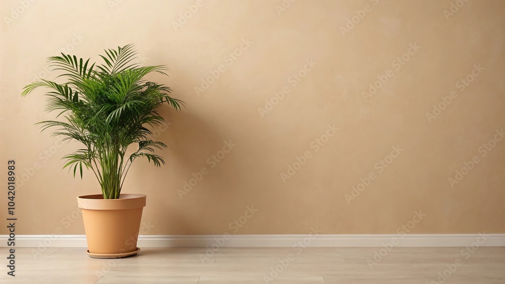 Fototapeta premium Description: A natural oasis potted plant enhancing the serenity of a beige wall in a medium shot
