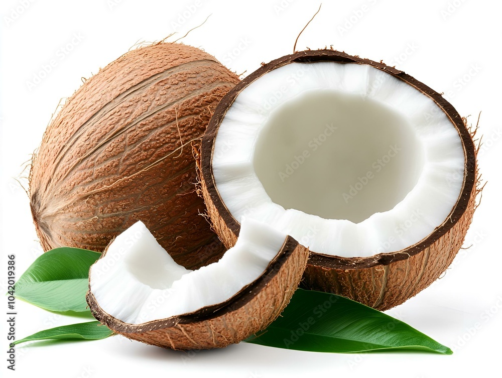 Whole and halved coconut with green leaves.