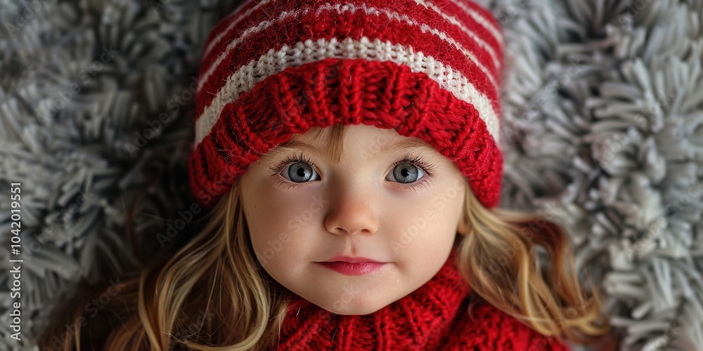 Adorable young girl wearing a cozy red knitted hat and sweater lying on a soft gray blanket while looking directly into the camera with large inquisitive eyes Adorable young girl wearing a cozy red knitted hat and sweater lying on a soft gray blanket while looking directly into the camera with large inquisitive eyes