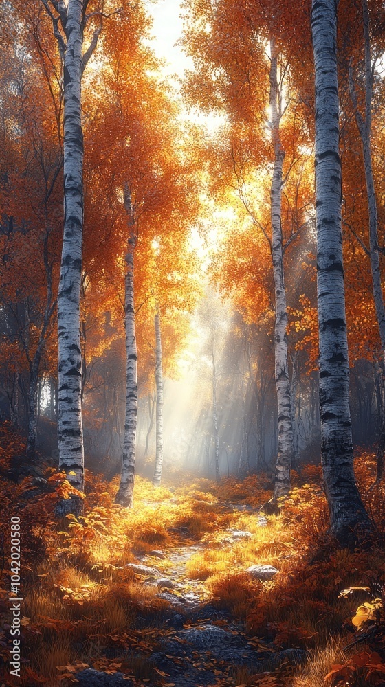 Sunlit Path Through Autumn Forest 3D Illustration Sunlit Path Through Autumn Forest 3D Illustration