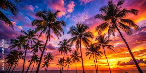 Silhouetted Palm Trees at Tropical Sunset - Scenic Landscape Photography for Relaxation and Escape