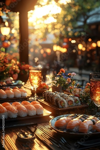 An inviting outdoor dining scene featuring a vibrant display of sushi and colorful beverages during sunset, creating a warm and festive atmosphere.