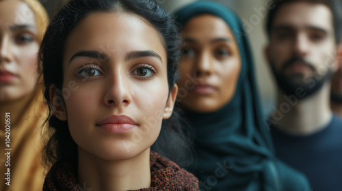 Diverse Gruppe Menschen verschiedener ethnischer Herkunft im modernen Setting. Multikulturelle Gemeinschaft zeigt Vielfalt und Inklusion. Authentische Porträts mit positiver Ausstrahlung photo