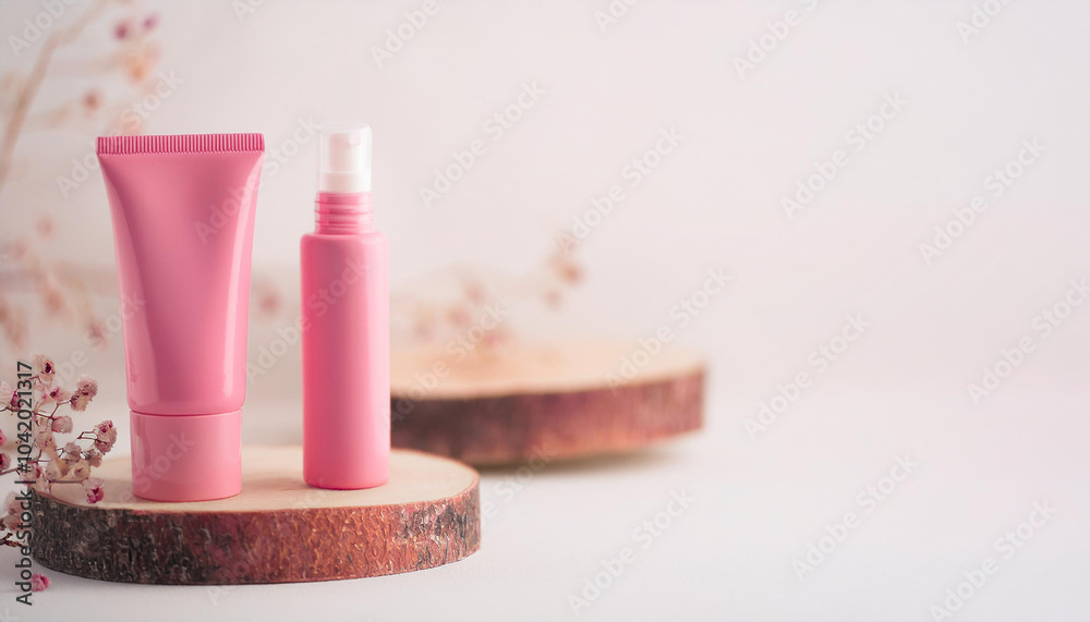 Pink cosmetic bottle tube on neutral background. Organic cosmetic product. Beauty, skin care concept Pink cosmetic bottle tube on neutral background. Organic cosmetic product. Beauty, skin care concept