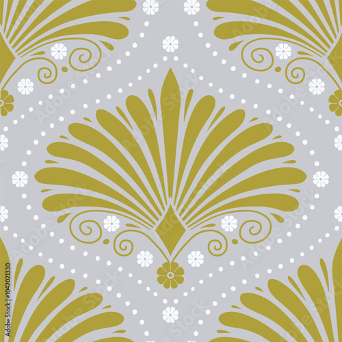 Seamless pattern with gold anthemion floral shapes and ogee geometrical motifs on a gray background. Classic abstract repeat wallpaper.